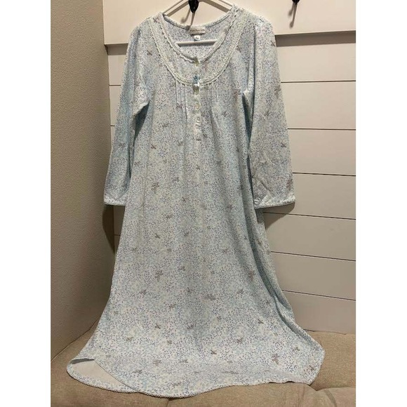 Miss Elaine Other - Miss Elaine Nightgown Blue Floral Butterfly Lace Trim Long Sleeve Knit S Cottage